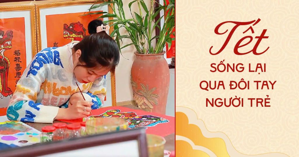 Gen Z in tranh Kim Hoàng trên nền giấy điều đỏ tại workshop Nét Việt Nam